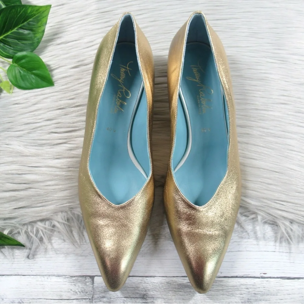 THIERRY RABOTIN Gold Napa Pointed Toe Kitten Heel Pumps Women's 40.5 US Size 10
